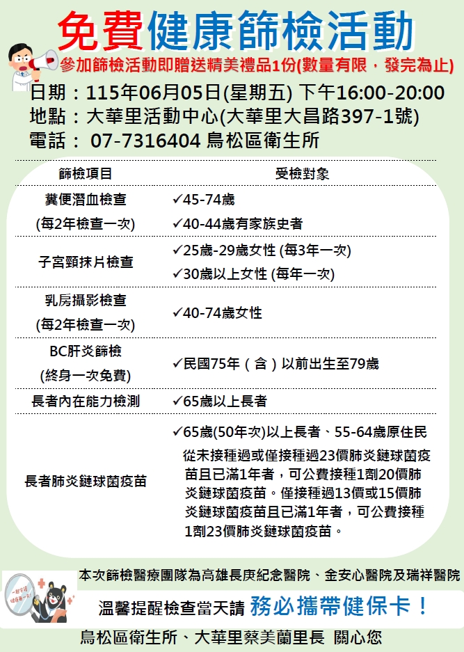 6月5日免費癌症篩檢