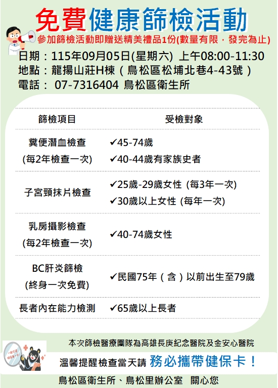 9月5日癌症篩檢場次
