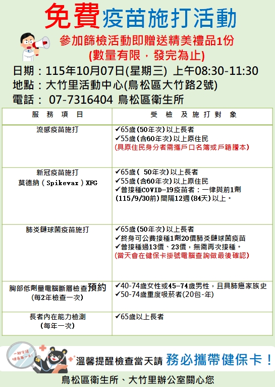 10月7日免費疫苗施打圖 10月7日免費疫苗施打圖
