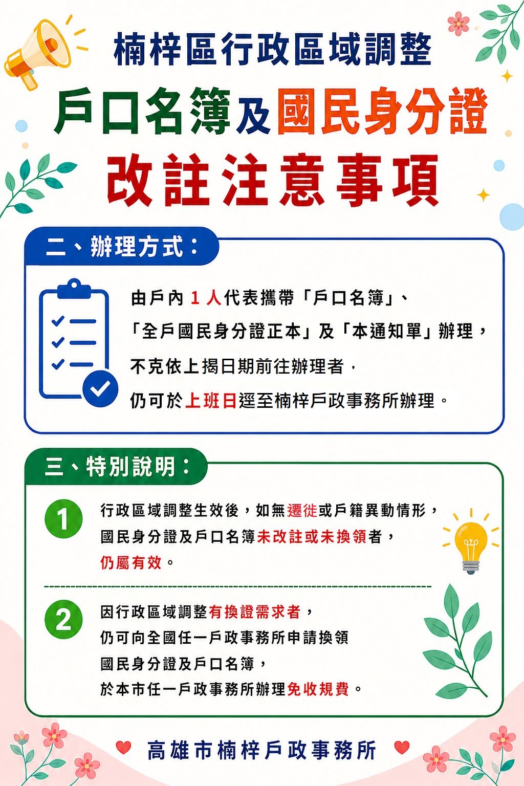 行政區域調整國民身分證及戶口名簿改註注意事項