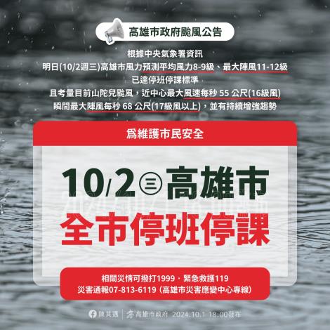 【快訊】因山陀兒颱風威力持續增強，10/2(星期三)高雄市全市停班停課!!