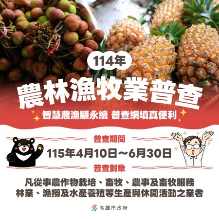 114年農林漁牧業普查開跑！請多加利用網路填報！ 普查期間115年4月10日至6月30日。