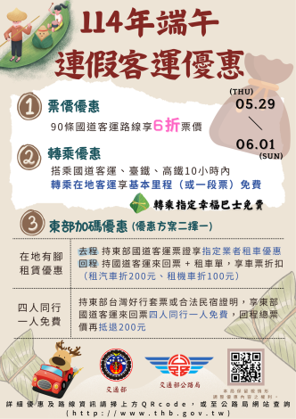114年端午連續假期公共運輸優惠措施如下: