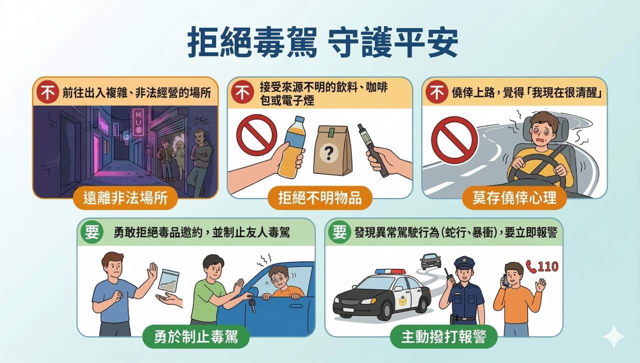 拒絕毒駕 守護平安，遠離非法場所、拒絕不明物品、莫存僥倖心理、勇於制止毒駕、主動撥打報警