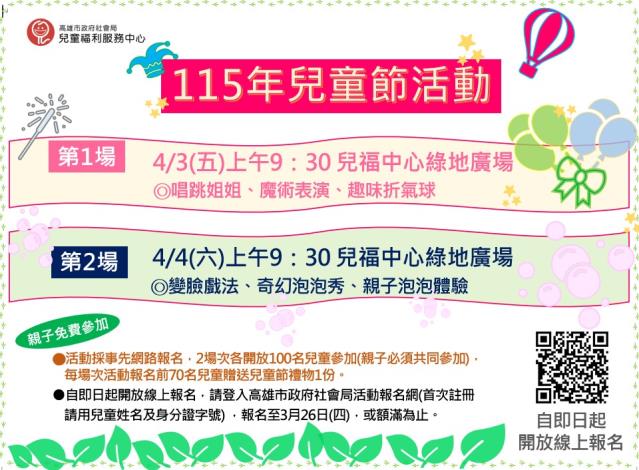 【已報名額滿】兒福中心魔幻兒童節－親子童樂會