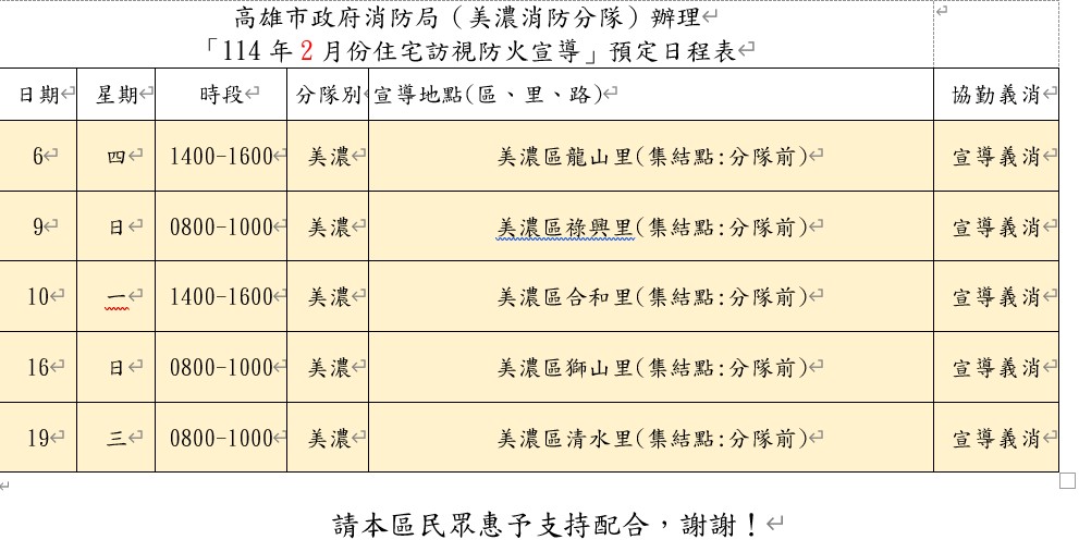 114年2月份消防隊住宅訪視防火預定表