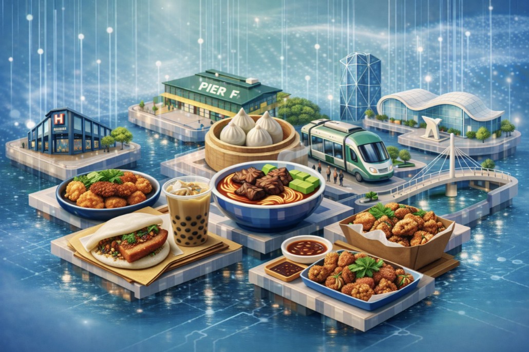 高雄城市風景，包含港灣景色、輕軌列車與街頭小吃，展現高雄獨特的智慧城市與在地飲食文化魅力