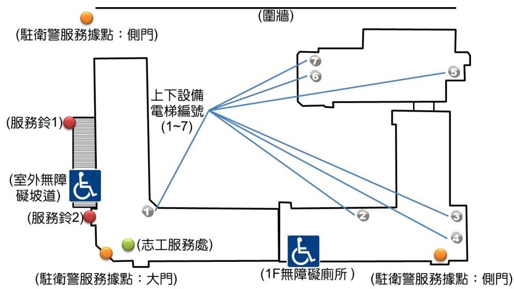 高雄市政府警察局一樓平面圖，內涵無障礙廁所說明及坡道