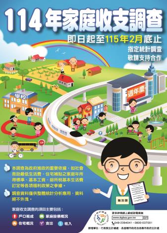 「114年家庭收支調查即日起開始辦理，訪 查項目包括戶口組成、家庭收入、支出、設備及住宅概 況，敬請支持配合。」