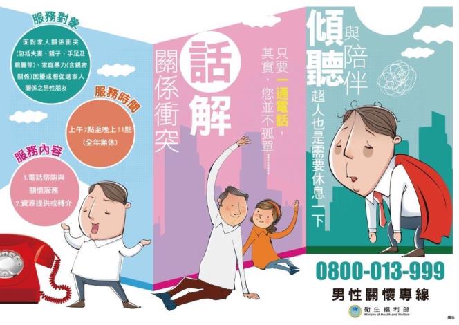 為提供男性心理健康支持及轉介服務，請協助轉知所屬宣導衛生福利部男...