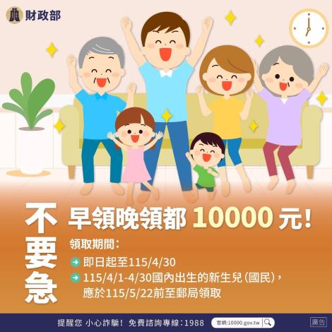不要急，早領晚領都10000元！