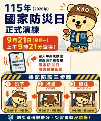 「國家防災日」演練與提升全民地震應變能力宣導。