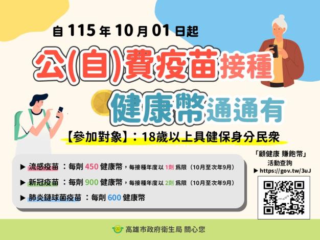 高雄市流感及新冠疫苗10月1日起同步開打！高雄市政府衛生局今（1...