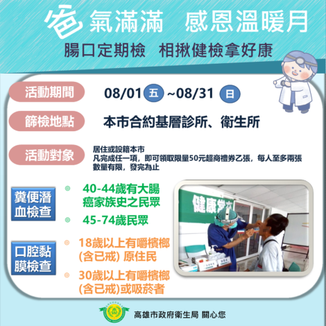 響應今（114）年1月起衛生福利部大腸癌篩檢擴大45至49歲民眾...