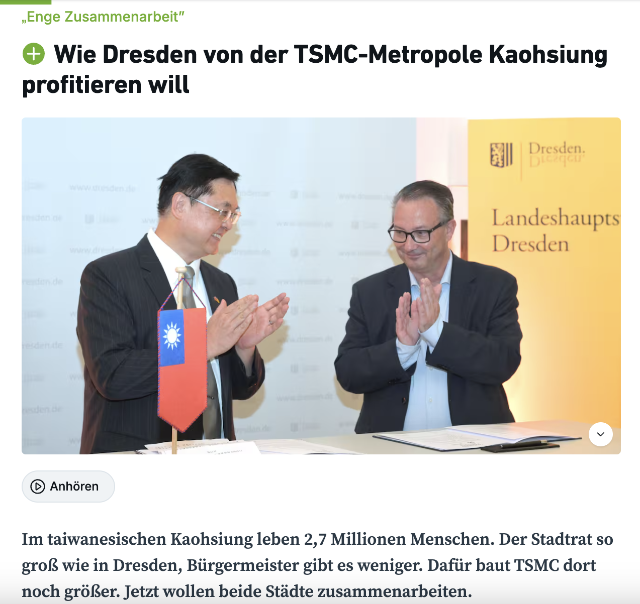 5. After the signing ceremony, Deputy Mayor Lo was interviewed by German media.
The cooperation between the two cities was covered by major local media outlets
including the Sächsische Zeitung.
Reports highlighted that both Kaohsiung and Dresden are home to TSMC plants and
will pursue future city-to-city collaboration.