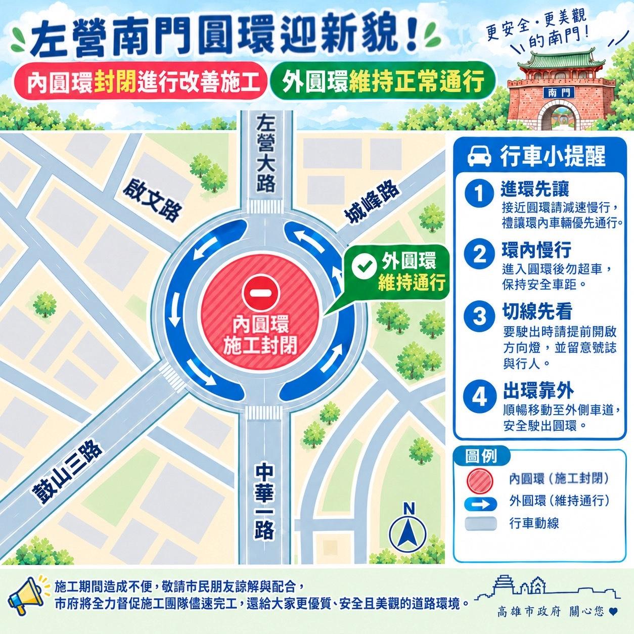 左營南門圓環迎新貌！ 內圓環封閉施工，外圓環正常通行！