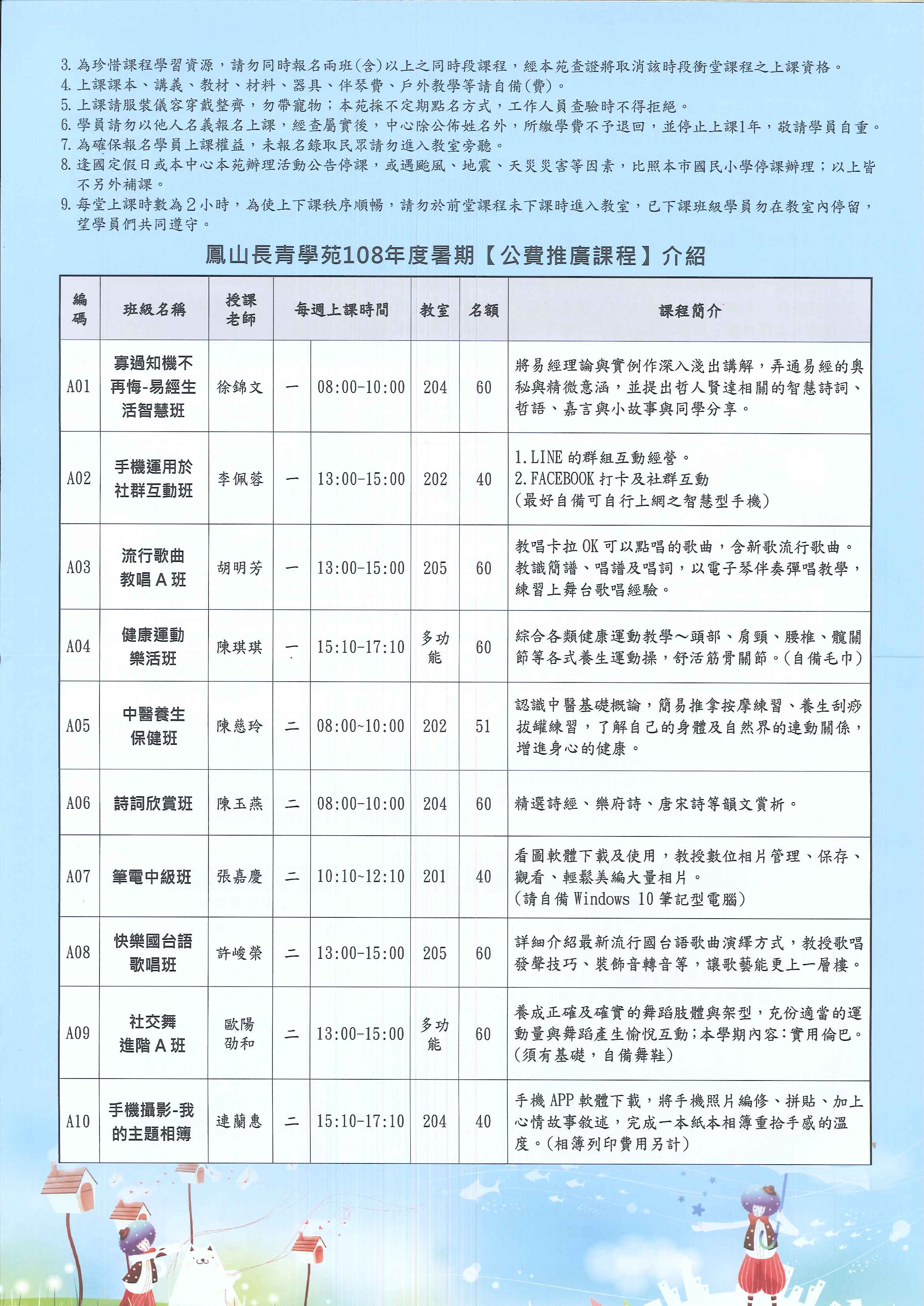 高雄市鳳山老人活動中心 高雄市鳳山長青學苑108年度上學期 公費推廣課程 招生簡章