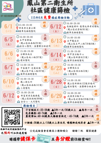 鳳山區第二衛生所115年6月社區篩檢場次